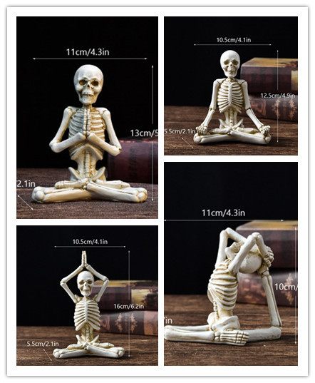 Collage of skeleton figures in various yoga poses with measurements on a dark background.