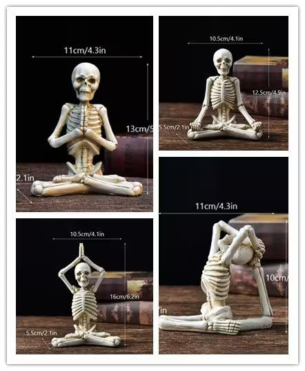 Yoga skeleton figures with measurements on a dark background