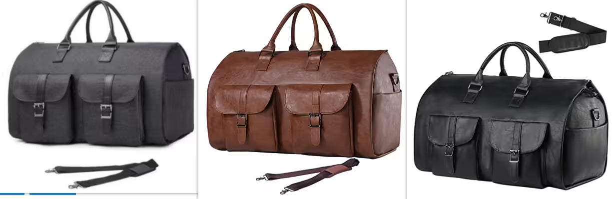 Three different styles of duffel bags in gray, brown, and black with attached straps.