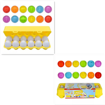 Toy egg carton with colorful buttons and labels on a white background