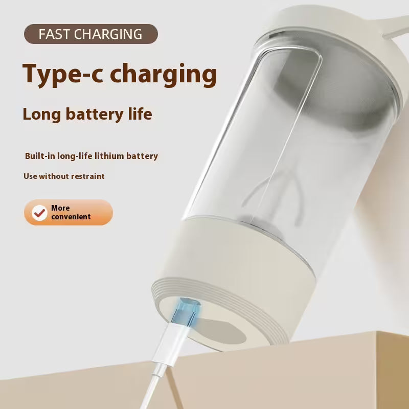 Transparent bottle with charging cable on a beige surface, featuring text about fast charging and long battery life.