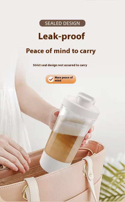 Person holding a leak-proof coffee cup with a beige handbag, emphasizing peace of mind.