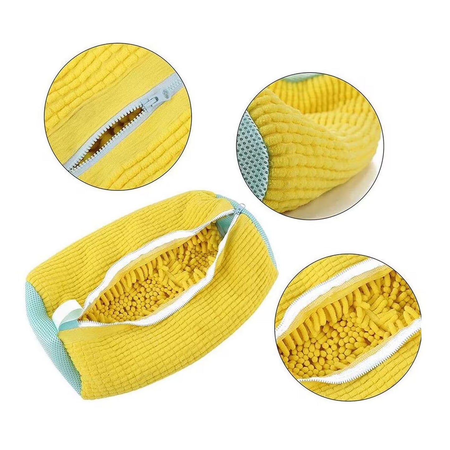 Yellow textured pouch with zipper, shown from multiple angles on a white background