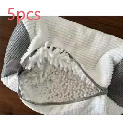 Gray and white textured towel with a scrubber on a wooden surface, labeled '5pcs'.