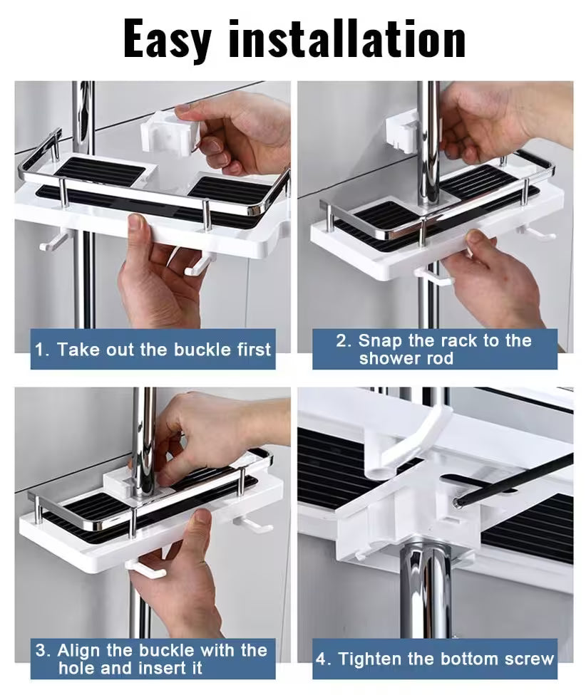 Step-by-step installation guide for a shower caddy with hands performing each action.