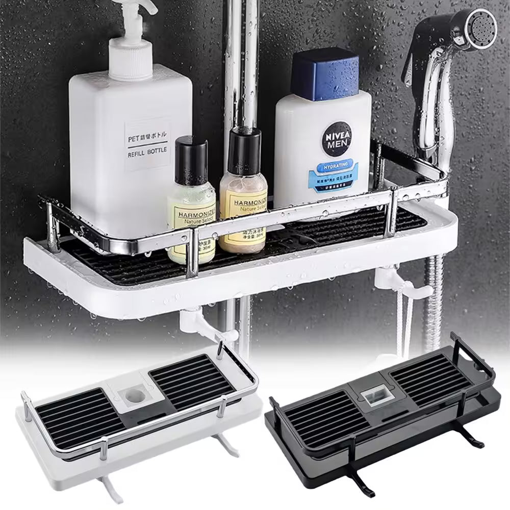 Shower caddy with toiletries and two different designs of shower shelves.