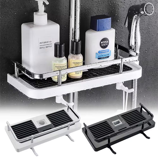 Shower caddy with toiletries and two different designs of shower shelves.
