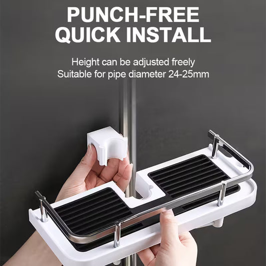 Hand holding a white pipe bracket with text indicating 'Punch-Free Quick Install' and adjustable height.