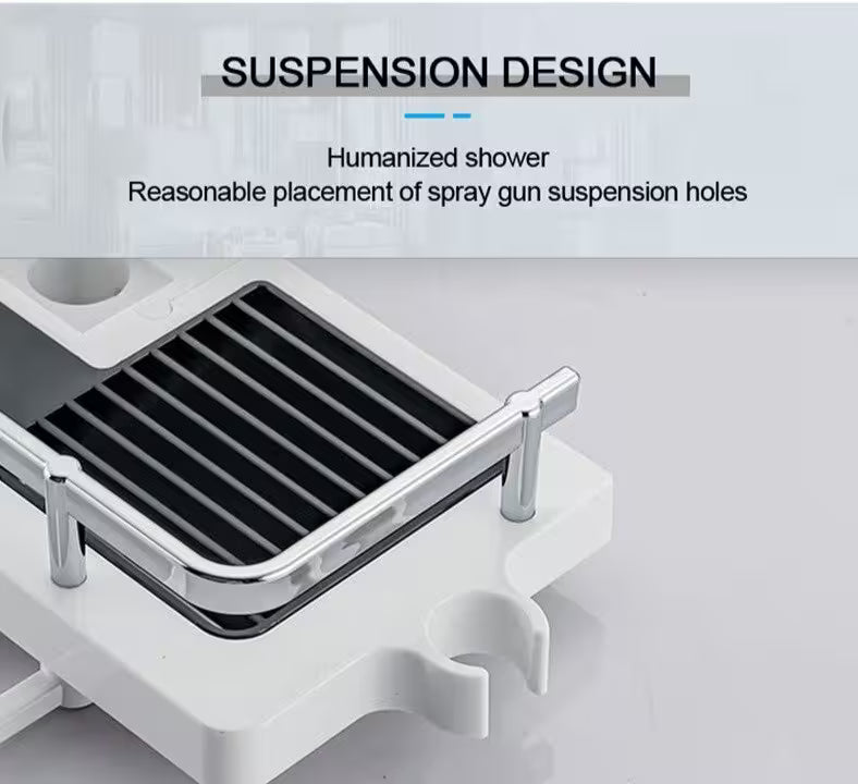 Spray gun suspension design with text on a gray background