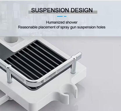 Spray gun suspension design with text on a gray background