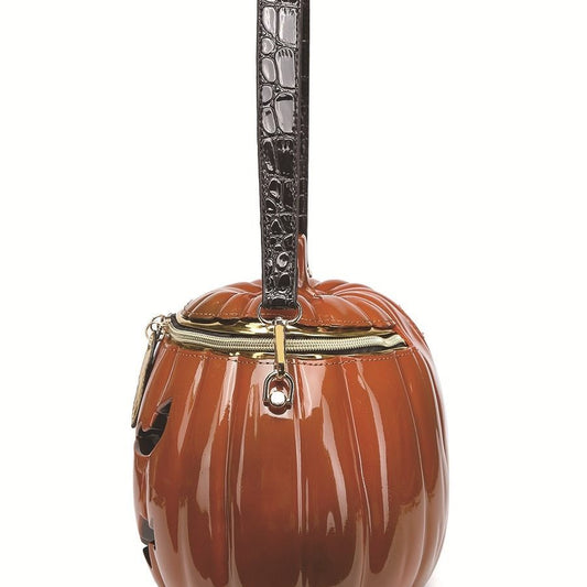 Pumpkin-shaped handbag with decorative handle on a white background