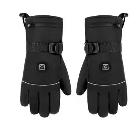 Pair of black heated gloves with visible heating elements on a white background