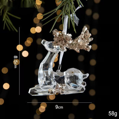 Crystal reindeer ornament with measurements and weight on a blurred light background