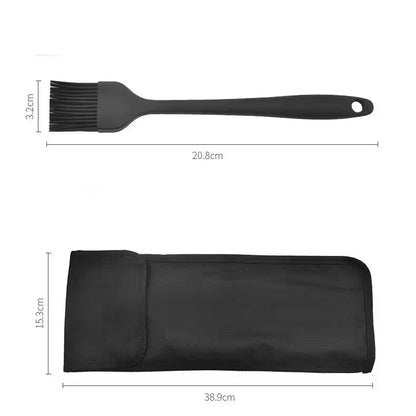 Black brush and black pouch with dimensions on a white background