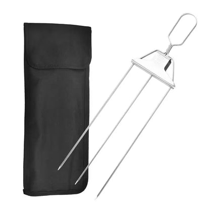 Metal skewer with black carrying case on a white background