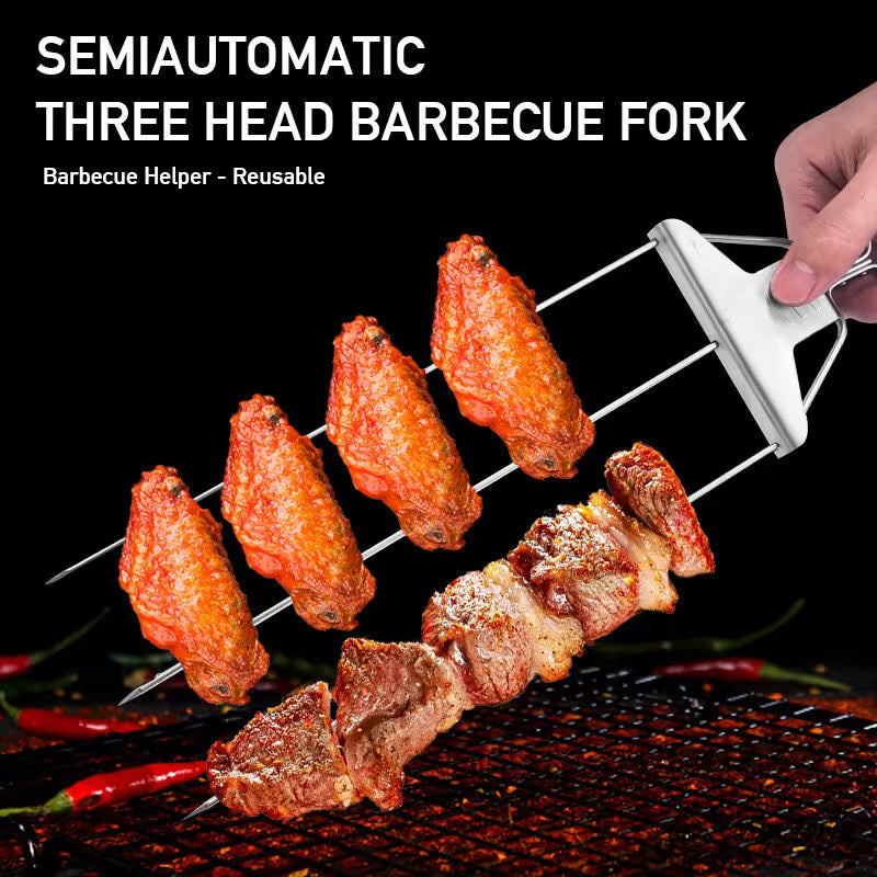 Semiautomatic three head barbecue fork with skewered food on a grill