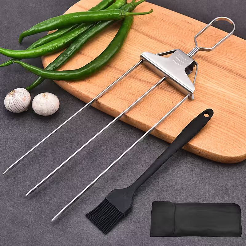 Barbecue skewer set with a brush and pouch on a wooden cutting board with green peppers and garlic.