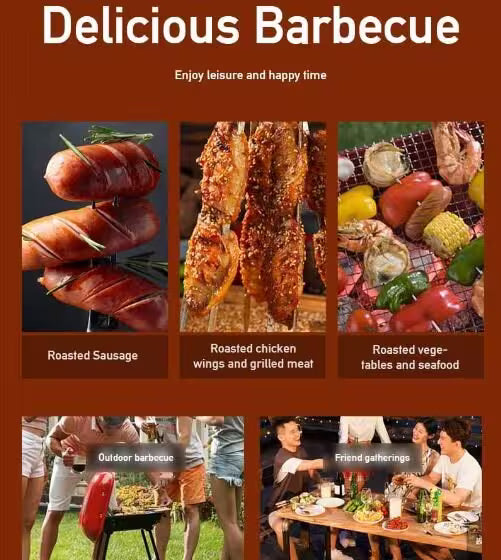 Promotional image of barbecue food and gatherings with text 'Delicious Barbecue' and 'Enjoy leisure and happy time'.