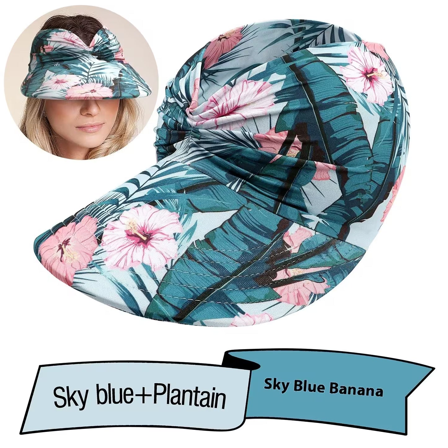 Floral patterned visor hat with a woman wearing it, labeled 'Sky Blue + Plantain'.