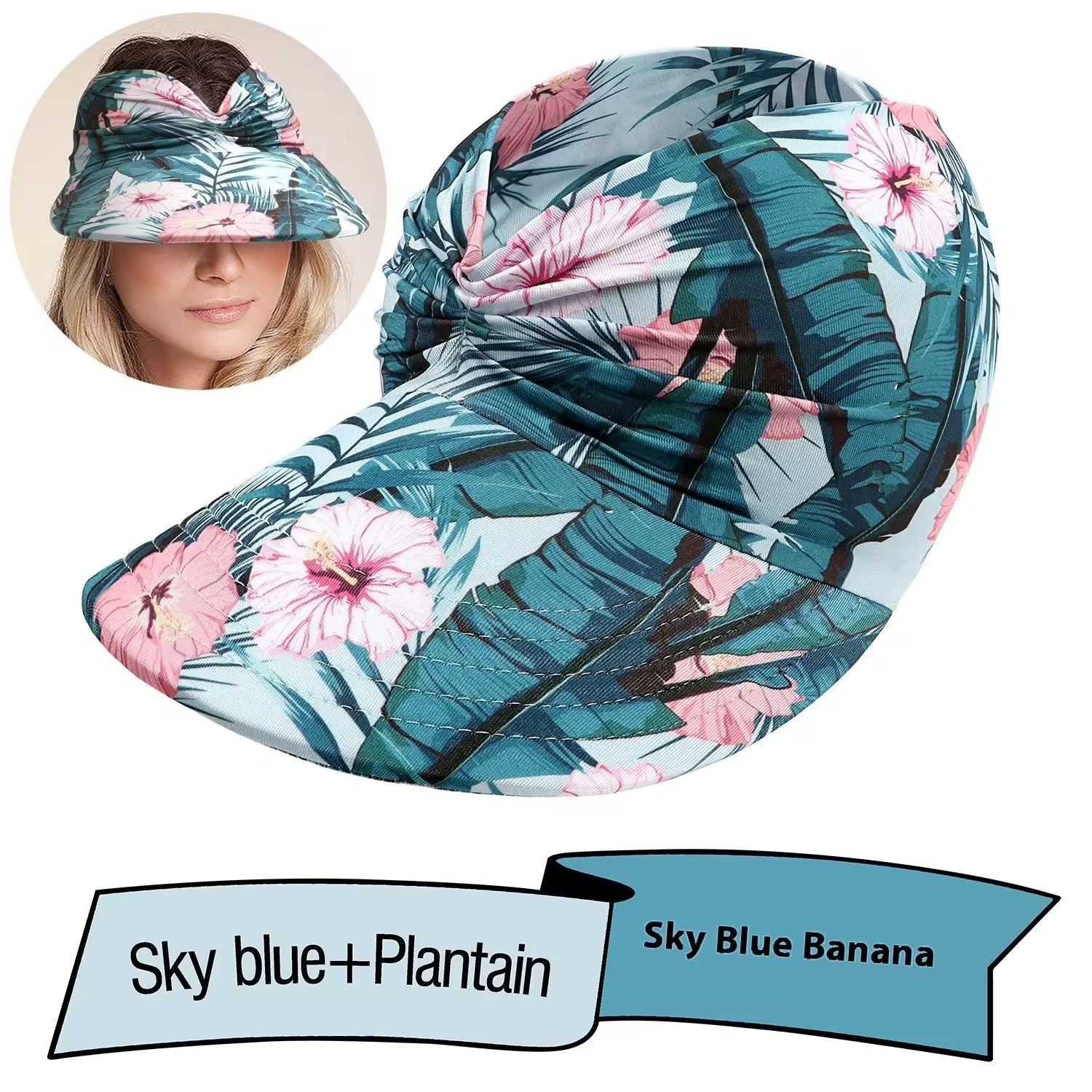 Floral patterned visor hat with a woman wearing it, labeled 'Sky Blue + Plantain'.