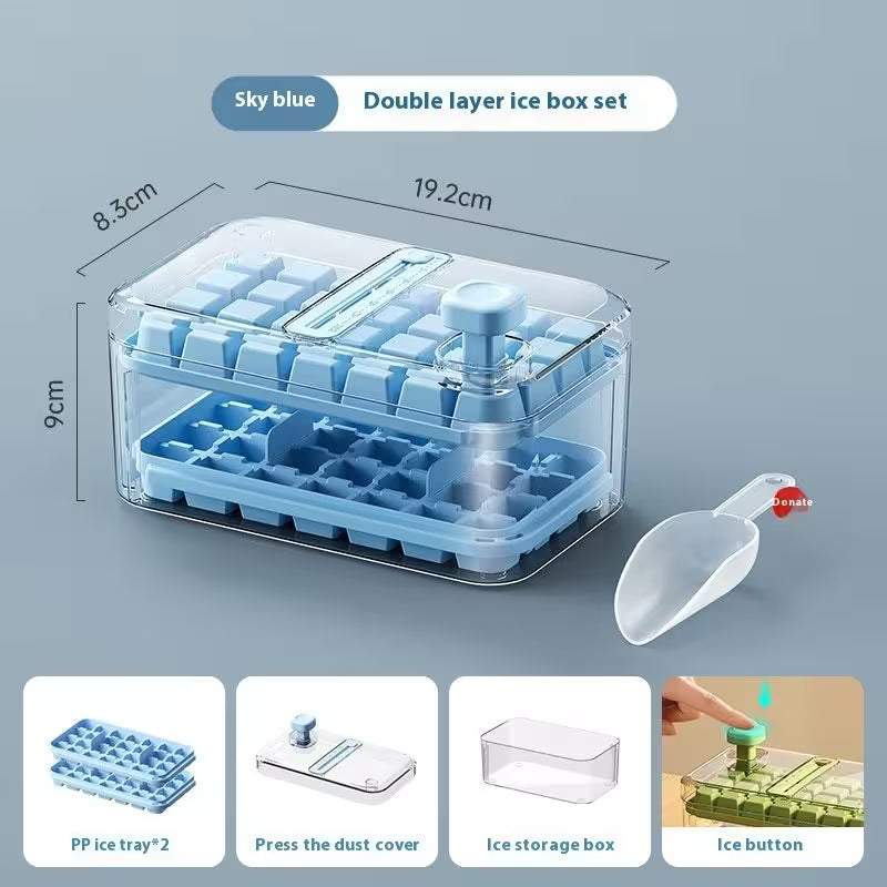 Double layer ice box set with ice cube tray, scoop, and storage box on a light blue background