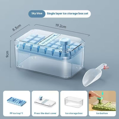 Sky blue single layer ice storage box set with dimensions and features on a light blue background