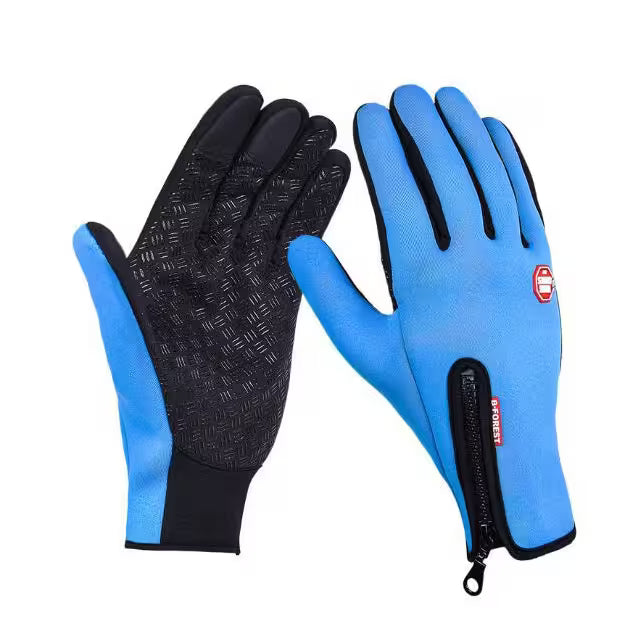 Pair of blue and black gloves with a brand logo on a white background