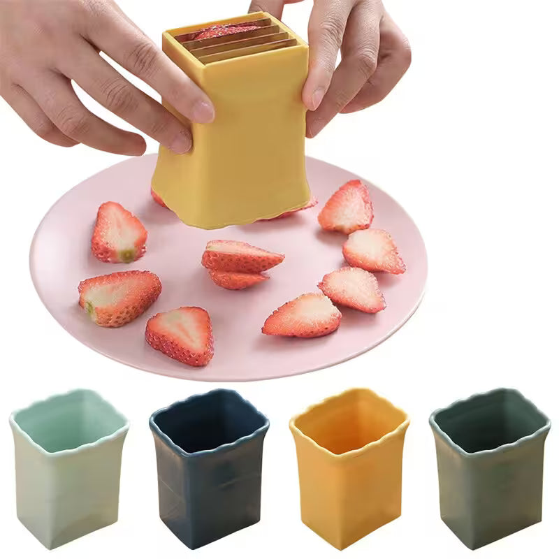 Yellow strawberry cutter with sliced strawberries on a pink plate, surrounded by four color options.