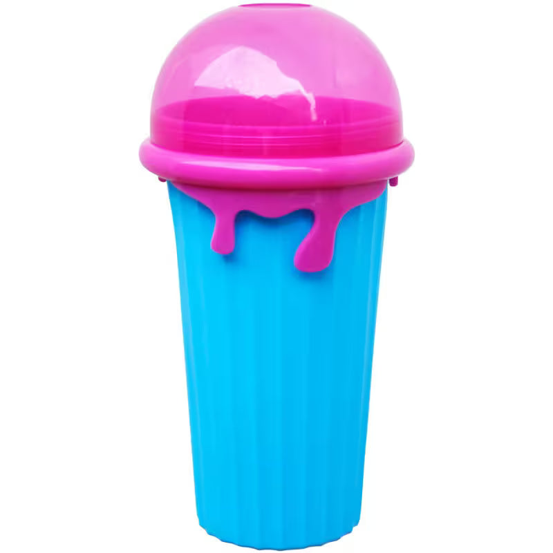 Blue cup with pink lid on a white background