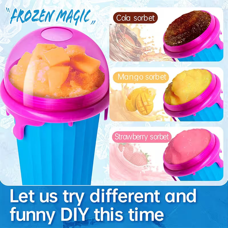 Frozen magic ice cream maker with sorbet samples and text on a blue background