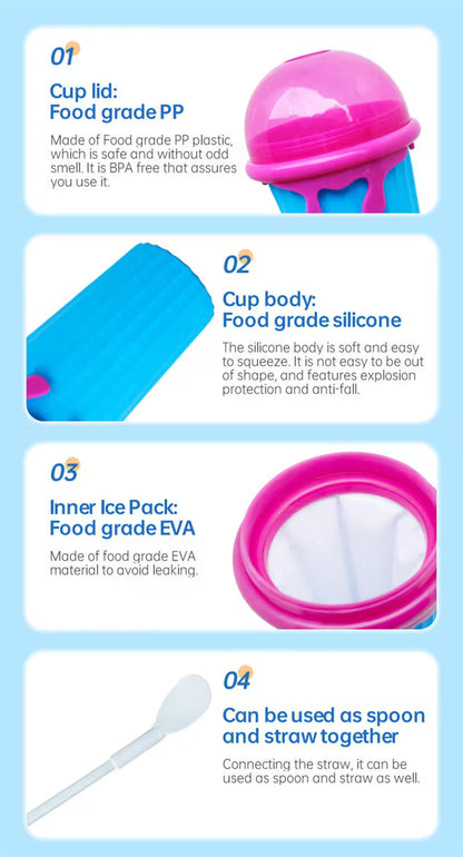 Product features of a pink ice cream container with text on a blue background