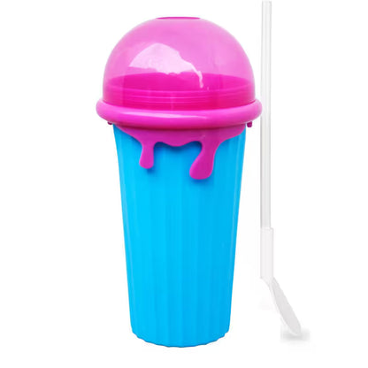 Blue and pink ice cream-themed cup with a straw on a white background