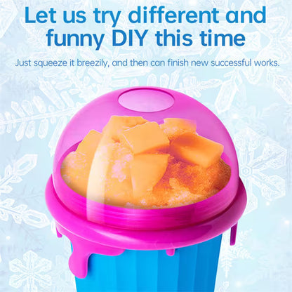 Pink and blue container with yellow contents on a light blue background with snowflake patterns