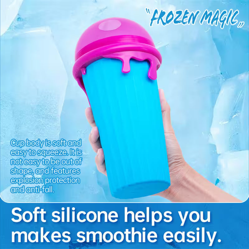Blue silicone cup with pink lid held by a hand against a blue ice background, featuring text about the product's features.