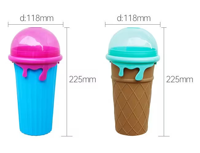 Two ice cream-shaped cups with dimensions labeled on a white background