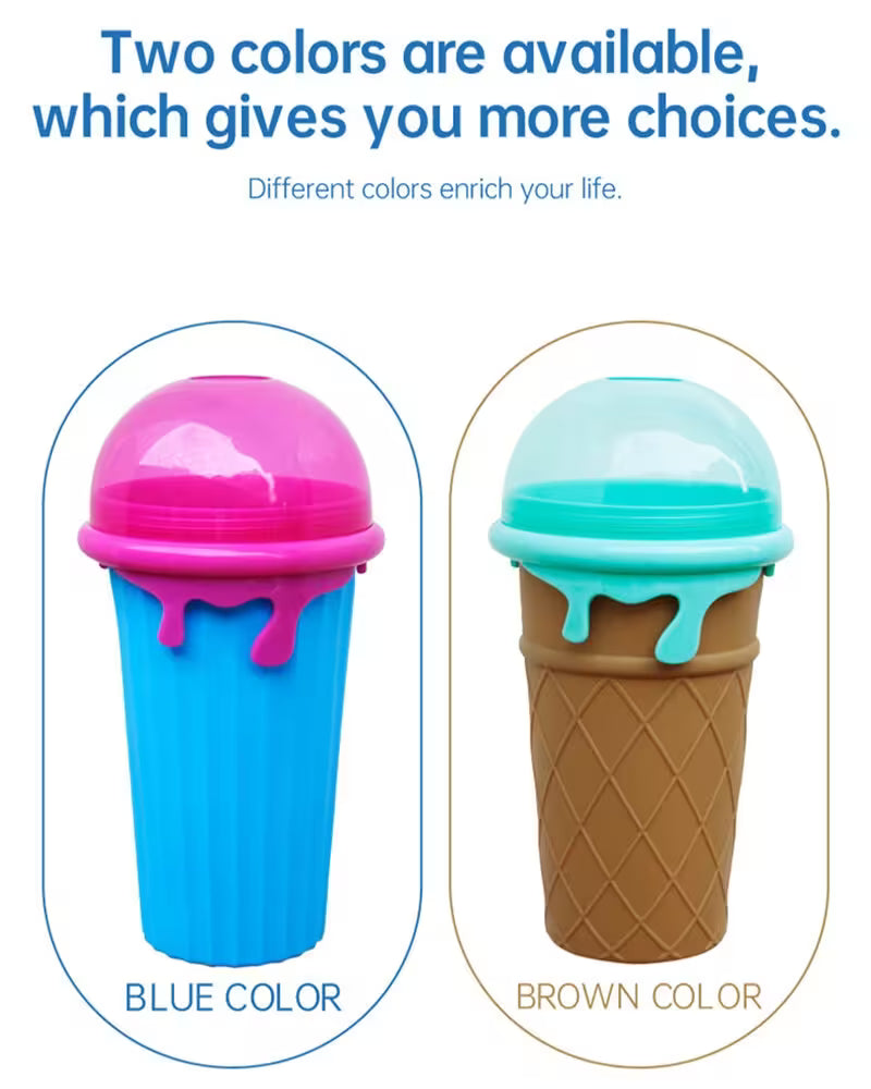 Two ice cream-themed cups in blue and brown with pink and green lids on a white background.