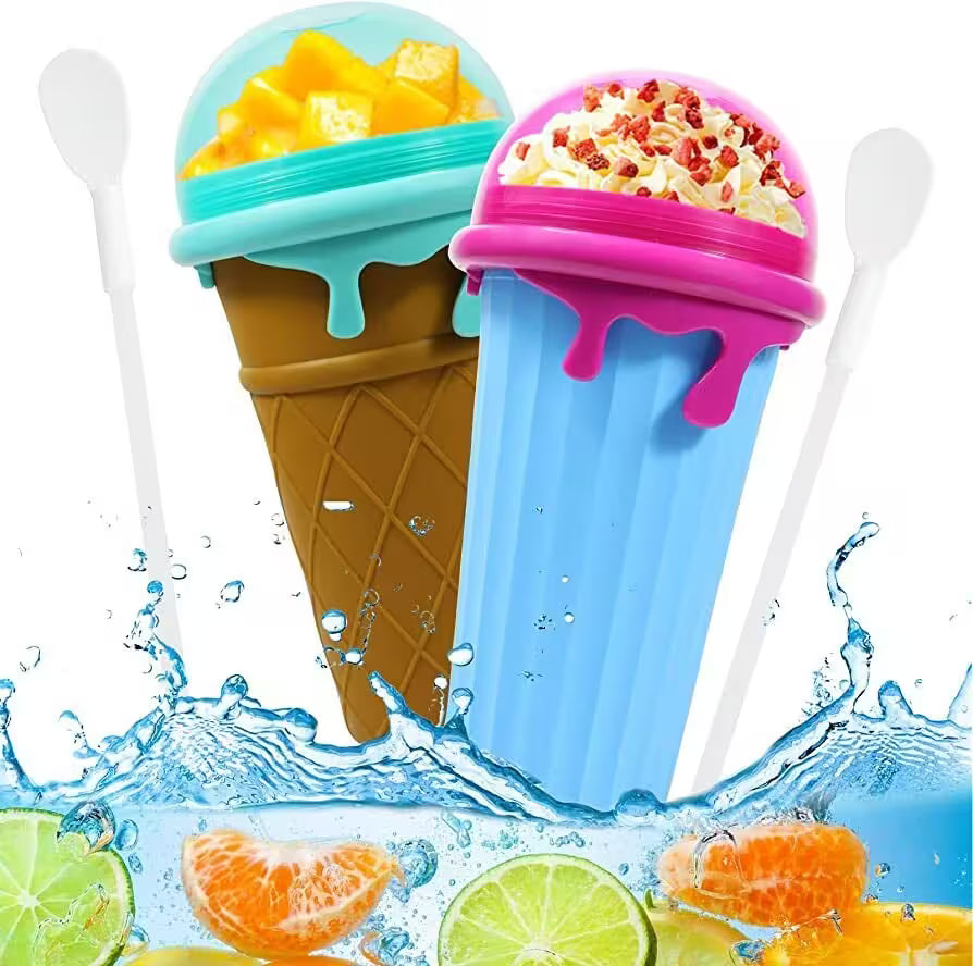 Colorful ice cream cone and popsicle molds with spoons on a water splash background