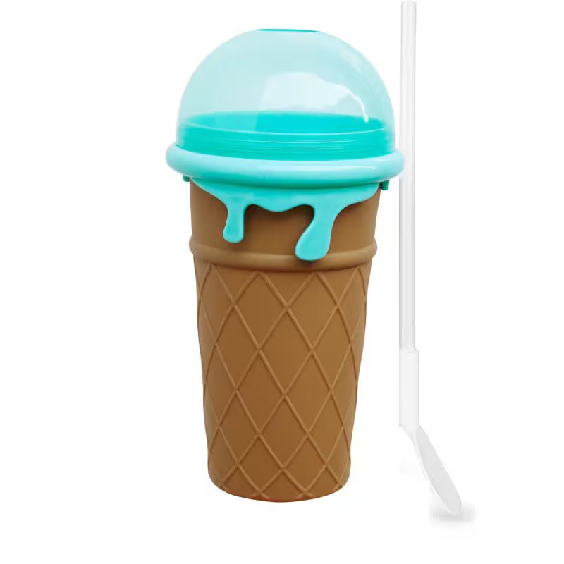 Ice cream cone-shaped cup with a lid and straw on a white background