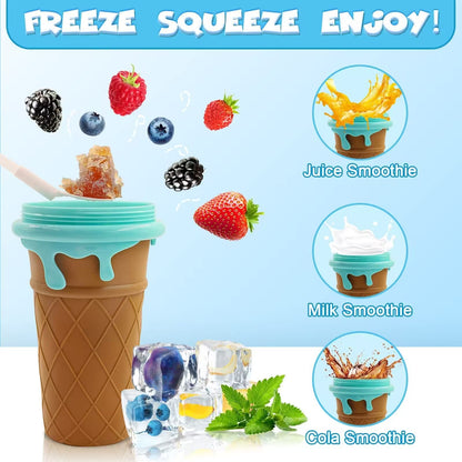 Ice cream cone-shaped smoothie cup with smoothie ingredients and types on a light blue background