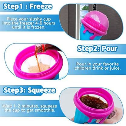Instructions for making a slushy with a pink and blue cup, including freezing, pouring, and squeezing.