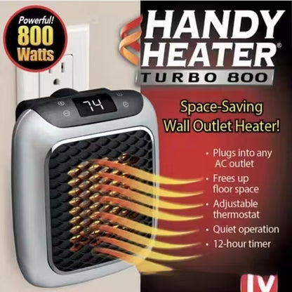 Handy Heater Turbo 800 wall outlet heater with features listed on a beige background