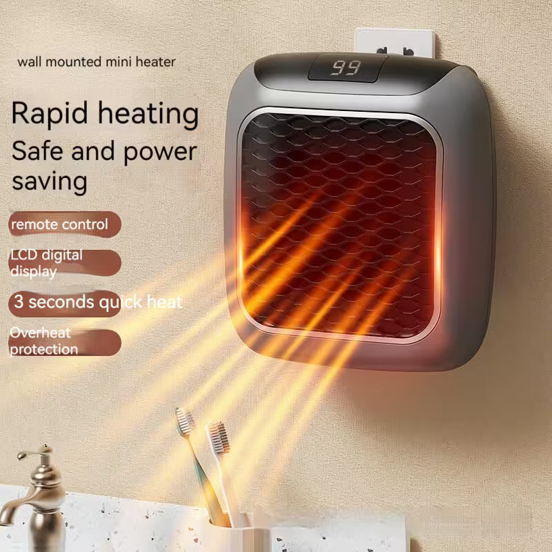 Wall-mounted mini heater with heating effect on a beige wall background