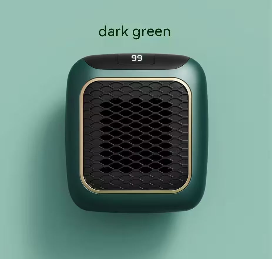 Dark green air purifier on a light green background