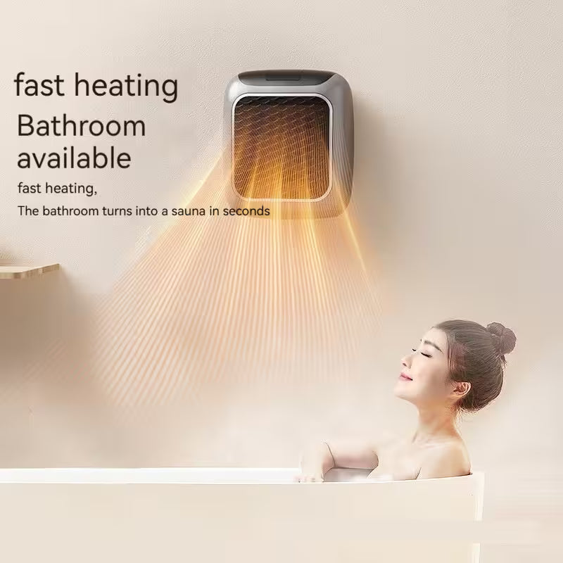 Woman in a bathtub with a wall-mounted device emitting heat, text indicating fast heating and sauna effect.