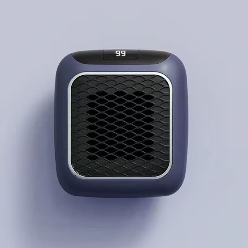 Blue air purifier with a textured front panel on a light purple background
