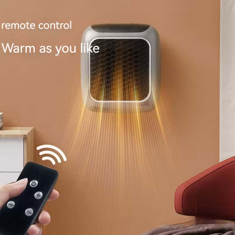 Wall-mounted heater with remote control on a brown wall background