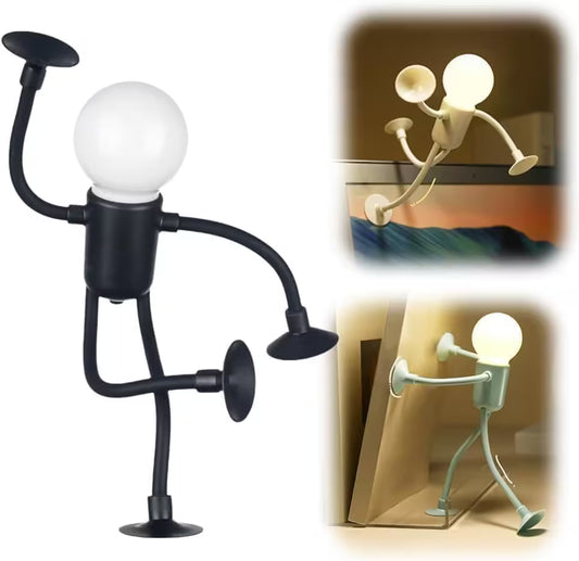 Person-shaped lamp with arm and leg extensions, featuring a light bulb head, on a white background.