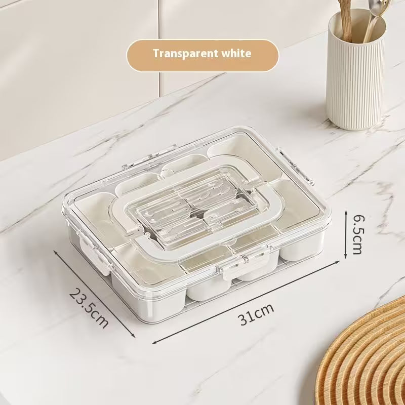 Transparent white storage box with dimensions on a marble surface