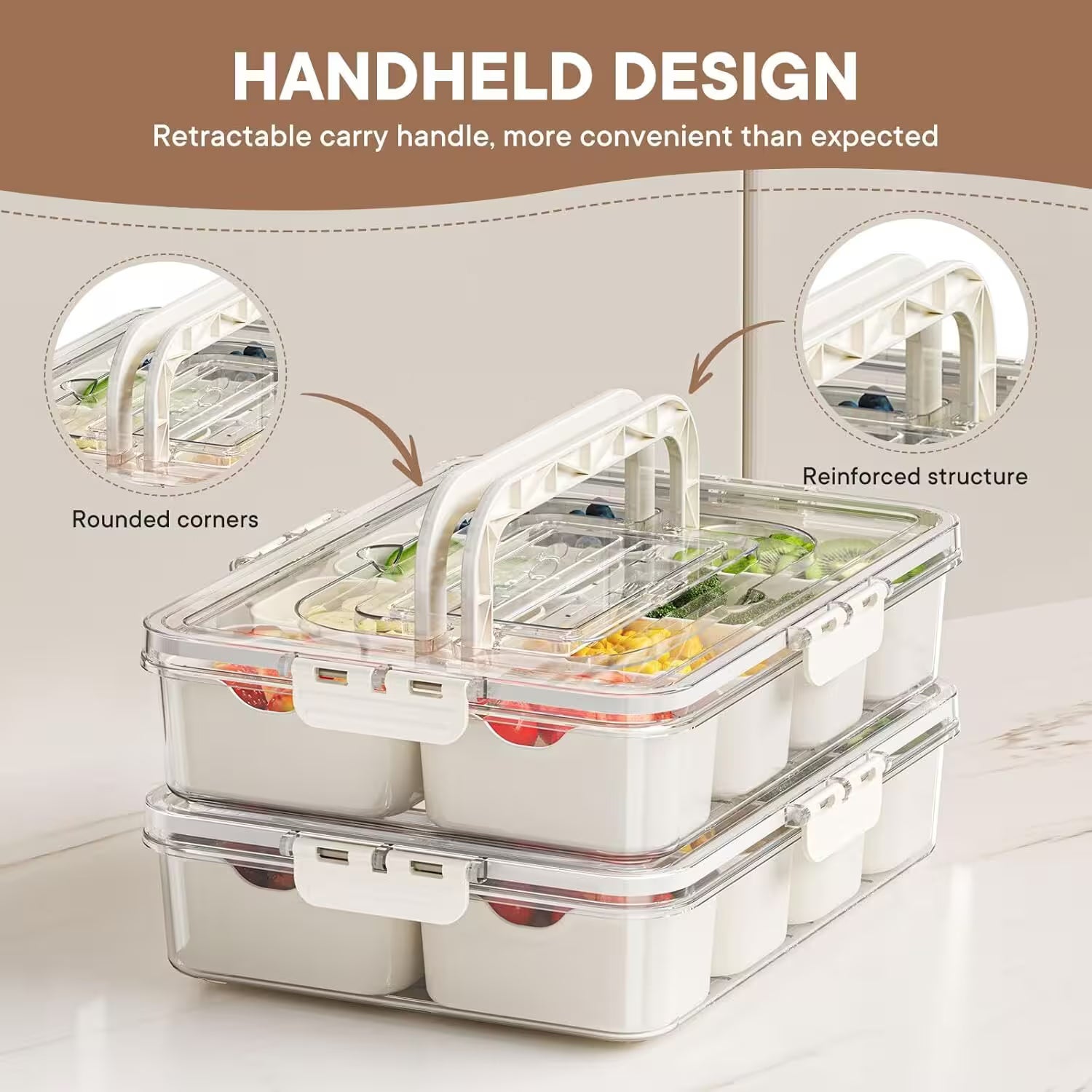 Handheld food storage container with reinforced structure and retractable handle on a white background