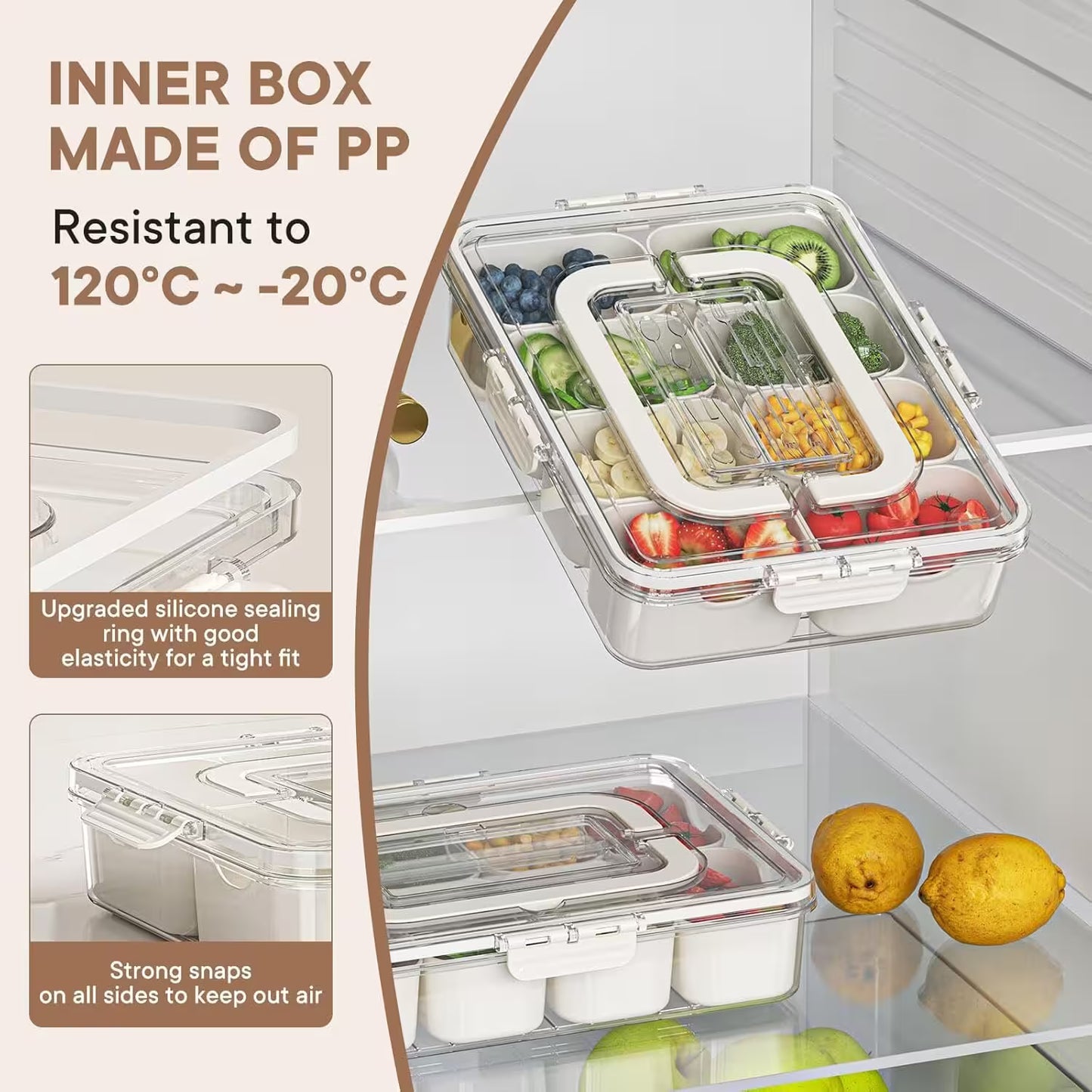 Fridge organizer with compartments filled with fruits and vegetables, placed inside a refrigerator.